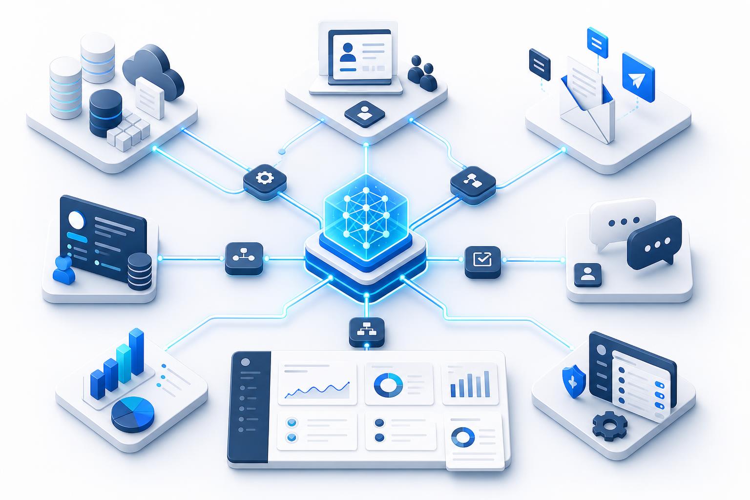 Mappa funzionale della piattaforma Smart AI con creazione app, pubblicazione, domini, Academy, amministrazione e sicurezza